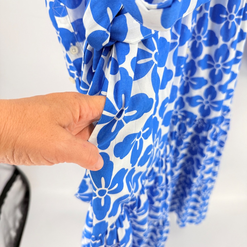 Boden Shirt Dress Blue Size 10P Floral Cotton Tiered Midi Belted Pockets - Picture 7 of 10